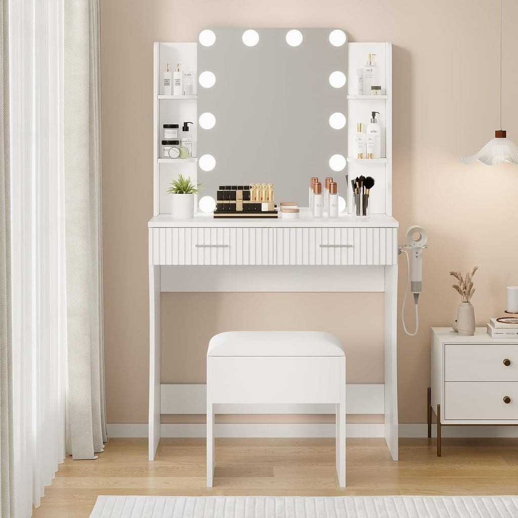 IDEALHOUSE Makeup Vanity Desk with Mirror and 12 LED Lights, White Vanity Table with Power Outlet, 2 Drawers, 6 Shelves, Hair Dryer Holder & Stool, Modern Dressing Table Furniture for Bedroom