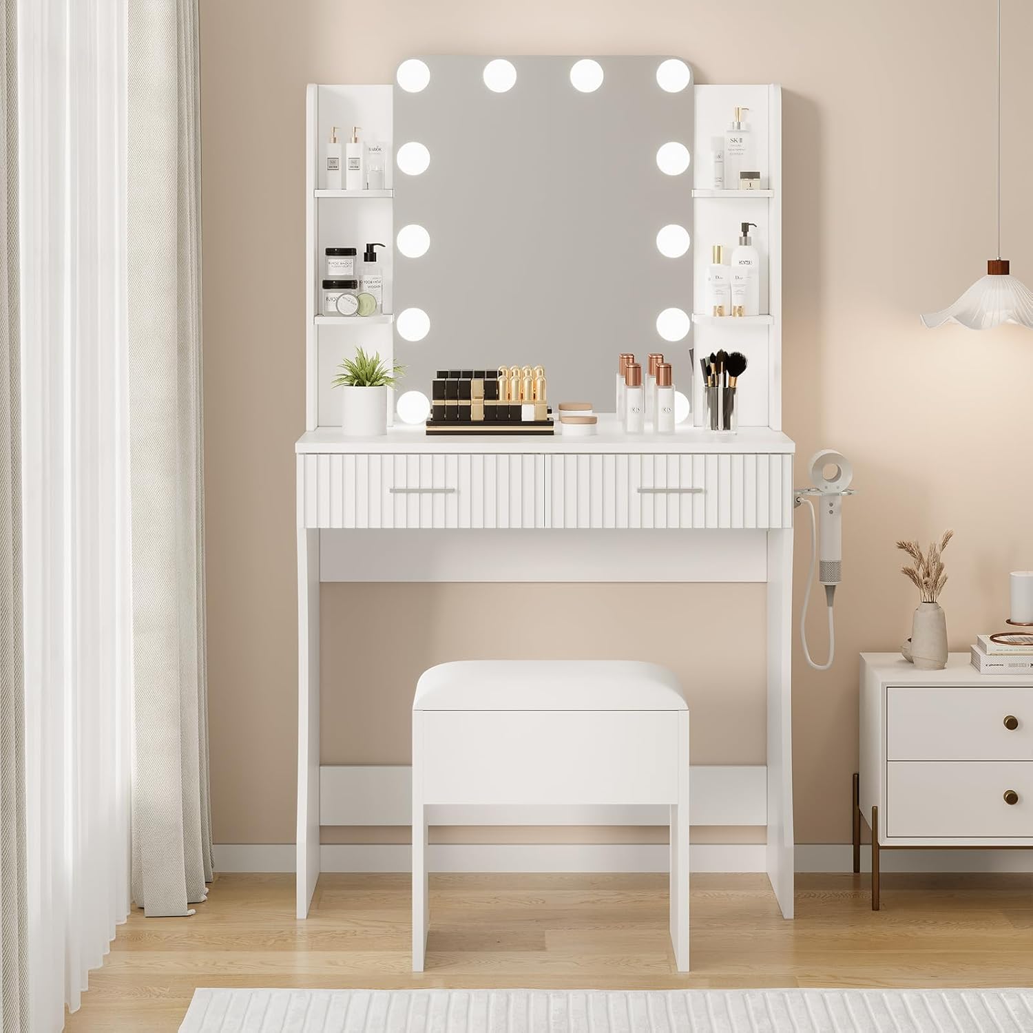 IDEALHOUSE Makeup Vanity Desk with Mirror and 12 LED Lights, White Vanity Table with Power Outlet, 2 Drawers, 6 Shelves, Hair Dryer Holder & Stool, Modern Dressing Table Furniture for Bedroom