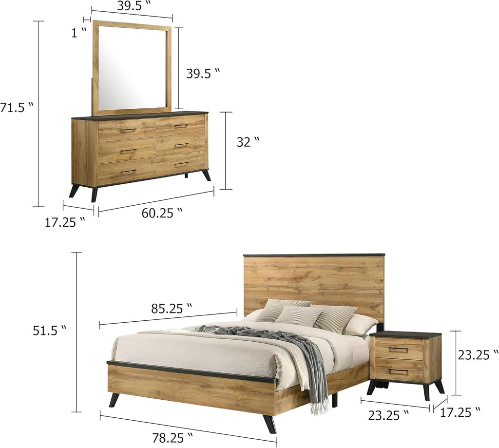Benzara Wemy 4 Piece King Size Bed Set, Rustic Brown Pine Wood, Tapered Legs