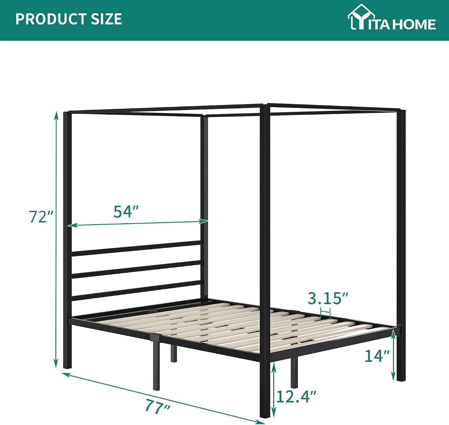 YITAHOME Black Metal 4 Poster Canopy Bed Frame with Headboard, Mattress Foundation with Wooden Slats and Steel Structure, No Box Spring Needed, Modern Heavy Duty Iron Canopy Bed (Full)