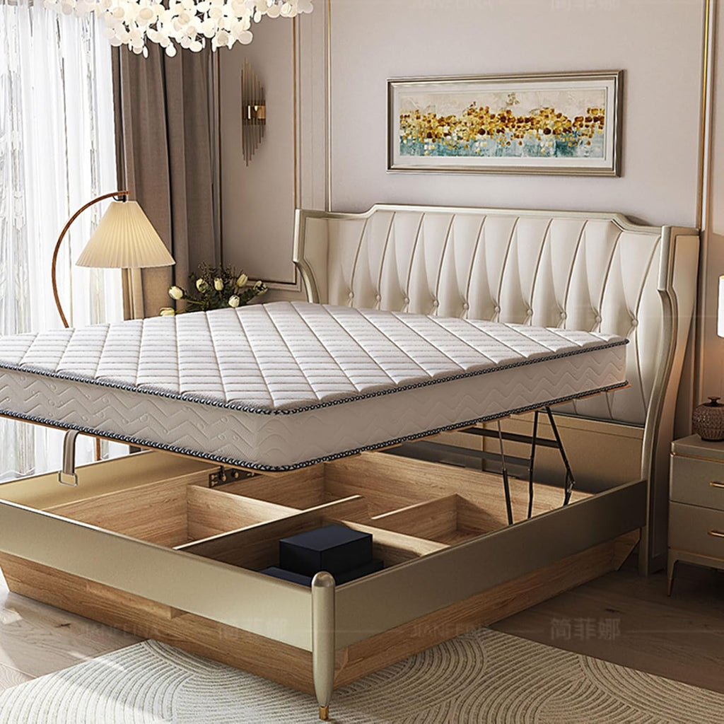 King Size Genuine Leather Bed Set with Headboard and Drawers Wooden Slats and Metal Frame Support No Box Spring Needed