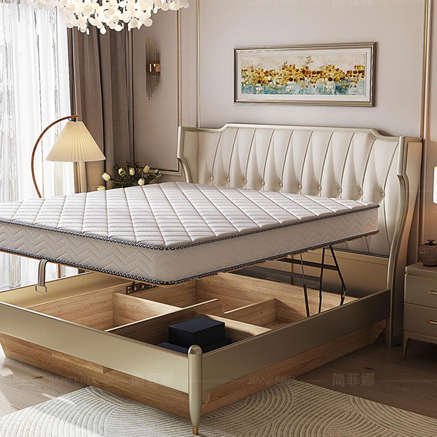 King Size Genuine Leather Bed Set with Headboard and Drawers Wooden Slats and Metal Frame Support No Box Spring Needed
