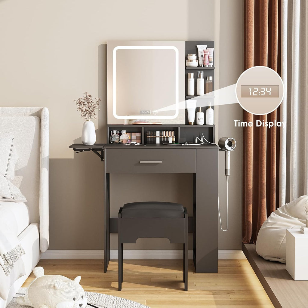 Fameill Vanity Desk with Mirror and Lights, Small Makeup Vanity with Drawer & Lots Storage Shelves, Black Dresser Table with Charging Station & Time Display, Vanity Set with Chair, for Bedroom