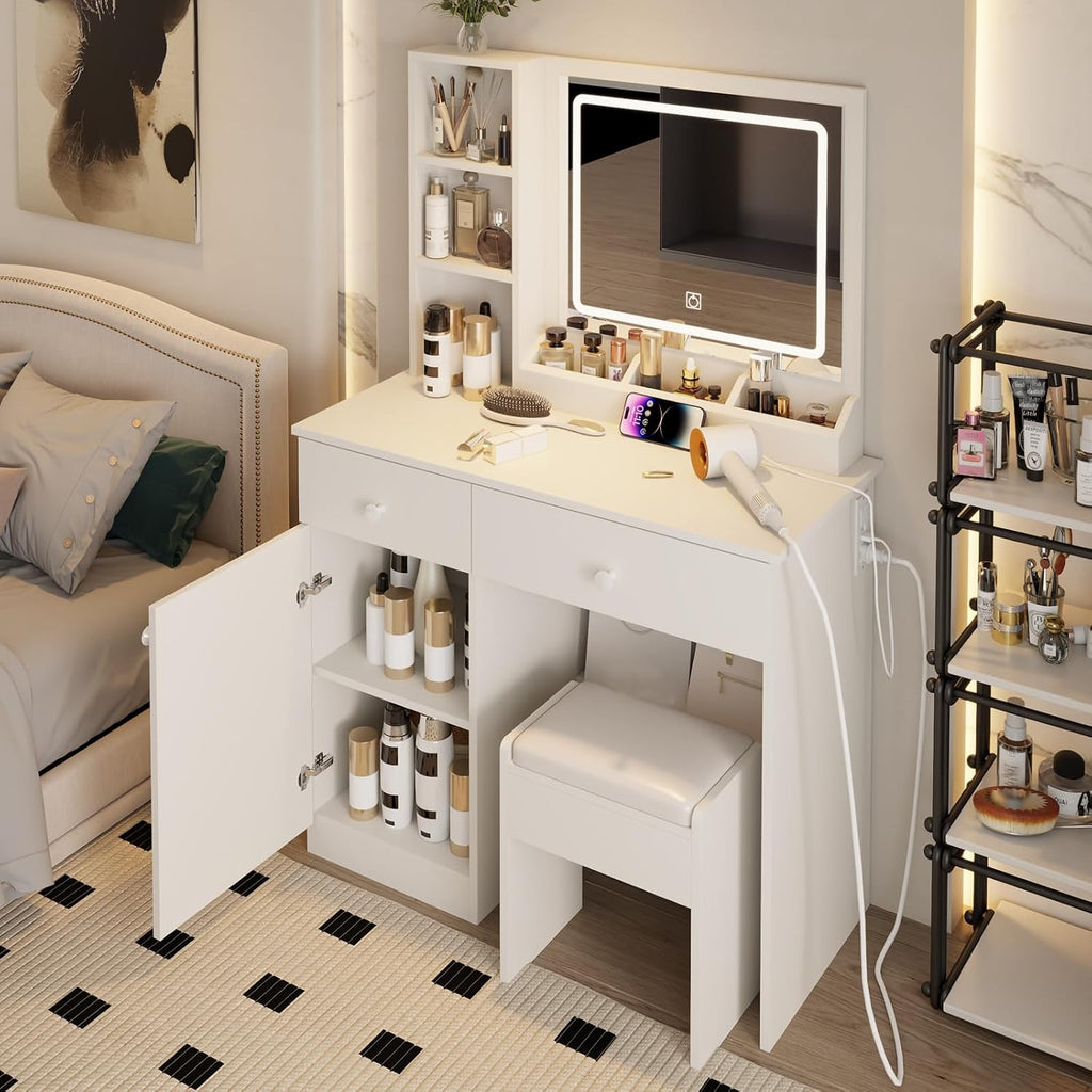 Makeup Vanity Desk with Mirror and Lights, Vanity Table Set with Storage Drawer & Chair & 3 Shelves, 3 Lighting Colors, Adjustable Brightness White Makeup Vanity with Lights (Large with USB)