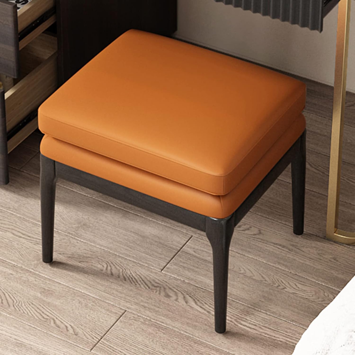 Lartis Vanity Bench, Dressing Stool, Makeup Stool, Dressing Bench, Cosmetic Stool for Bathroom or Bedroom, White Ash Wood, Orange PU