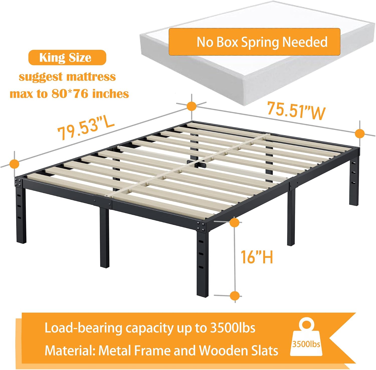 ZIYOO King Bed Frame 16 Inches Tall, 3 Inches Wide Wood Slats with 3500 Pounds Support, No Box Spring Needed for Foam Mattress, Underbed Storage Space, Easy Assembly, Noise Free-Black