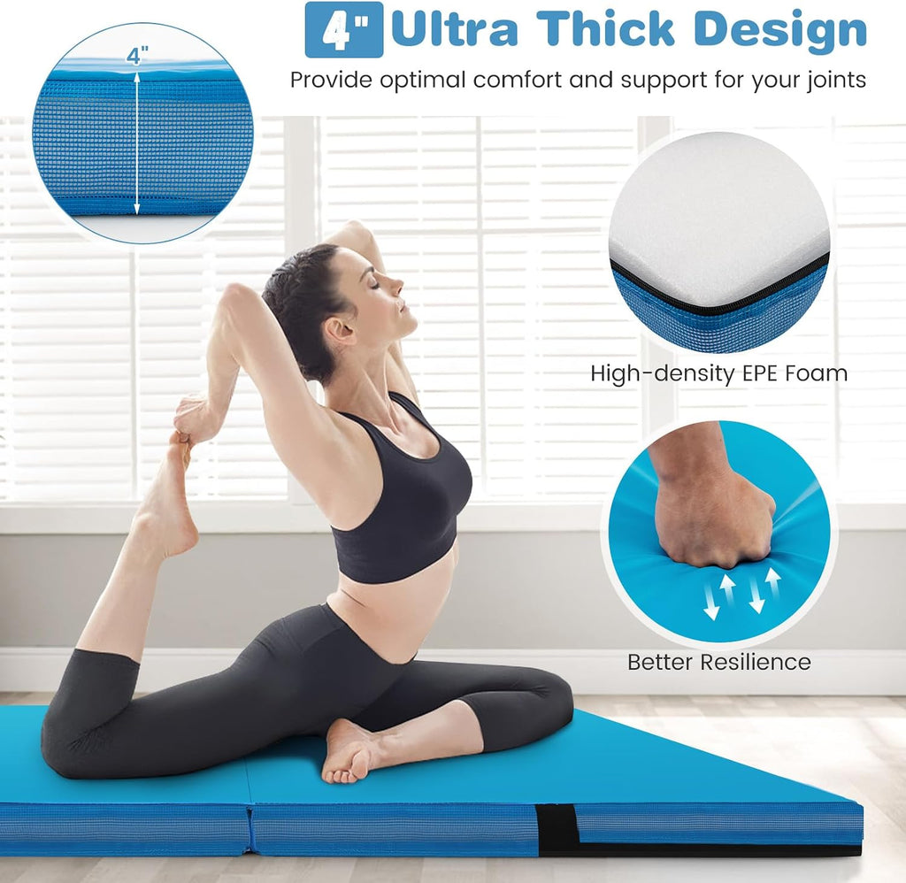 Goplus 4' Thick Folding Gymnastic Mat, Thickened Bi-Fold Fitness Mat with Carrying Handles & PU Leather Cover, Home Gym Tumbling Mat for Stretching, Pilates, Aerobics Workouts