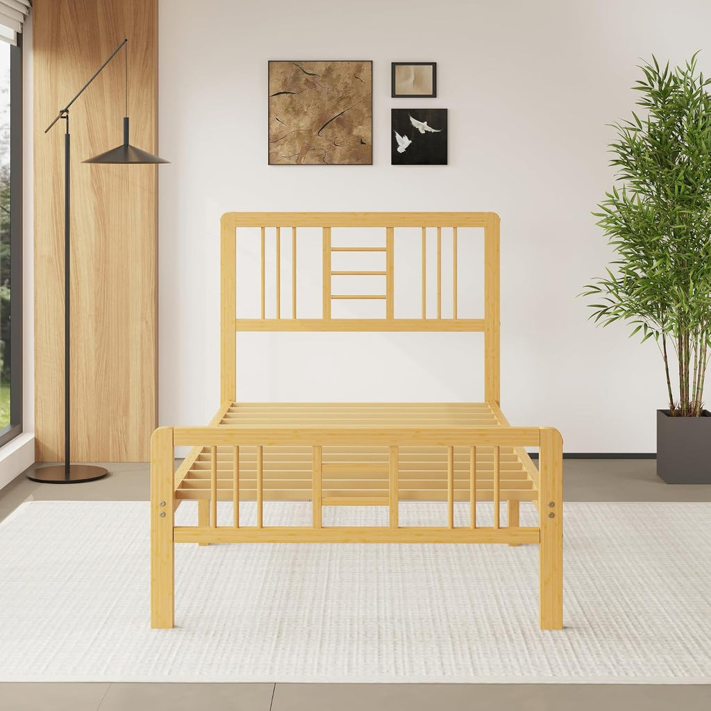 14 Inch Bamboo Wood Twin Size Platform Bed Frame with Headboard and Footboard, Metal Slat Support Bed Frame Twin Heavy Duty, No Box Spring Needed, Easy Assembly, Noise Free, Reinforced