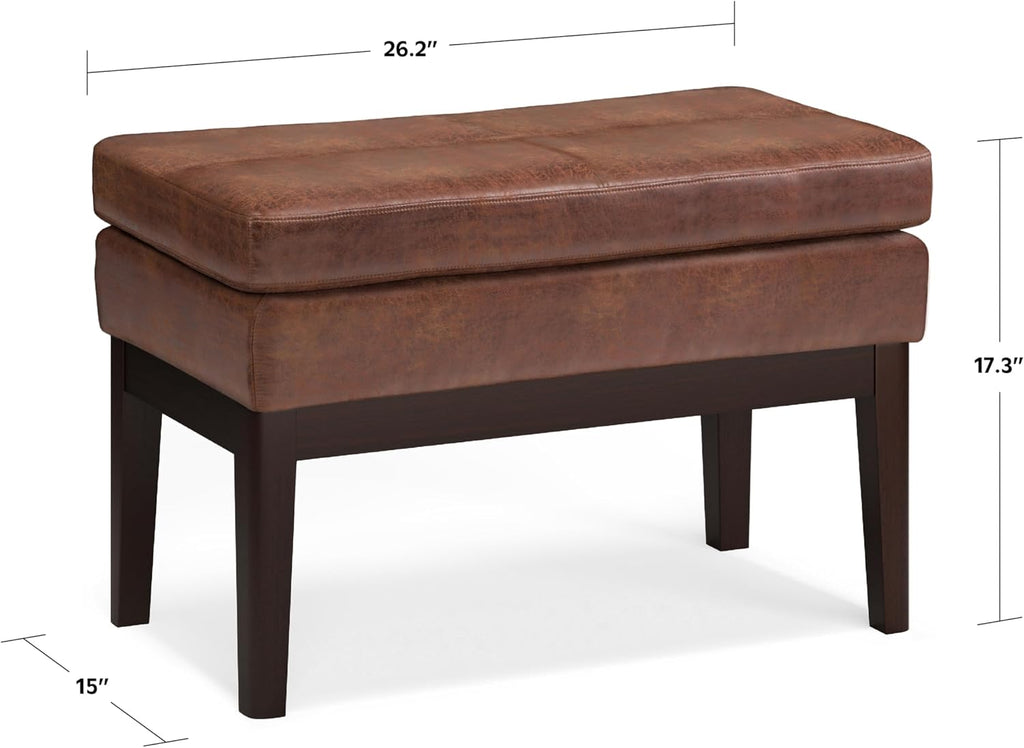 SIMPLIHOME Carlson Small Ottoman Bench - 27 inch Wide Upholstered Woven Fabric Rectangle Ottoman in Distressed Saddle Brown, Mid Century Modern Bench for Bedroom or Living Room with Padded Seat