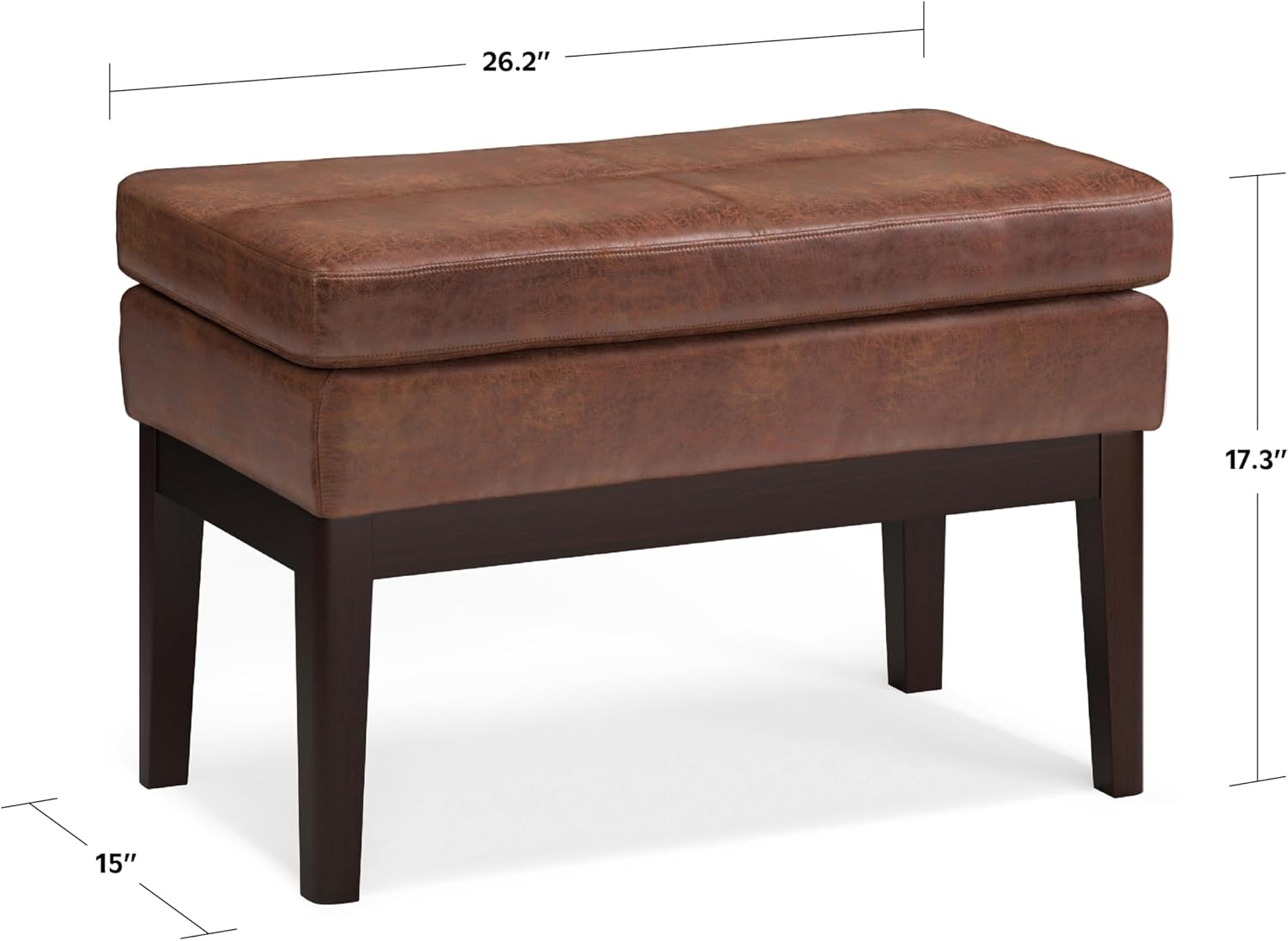 SIMPLIHOME Carlson Small Ottoman Bench - 27 inch Wide Upholstered Woven Fabric Rectangle Ottoman in Distressed Saddle Brown, Mid Century Modern Bench for Bedroom or Living Room with Padded Seat