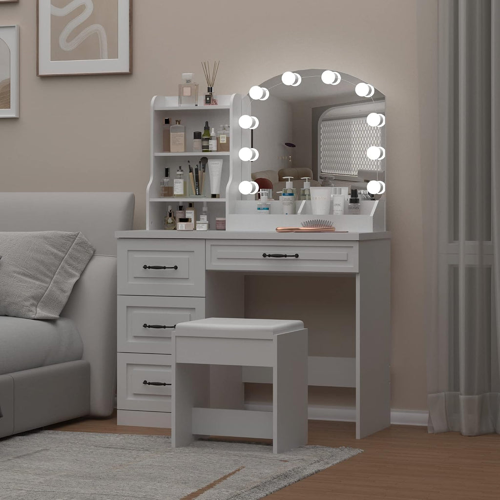 Vabches Makeup Vanity Desk with Mirror and Lights & Power Outl,White Dressing Table 3 Lighting Colors, 4 Drawers, Makeup Vanity Set for Bedroom