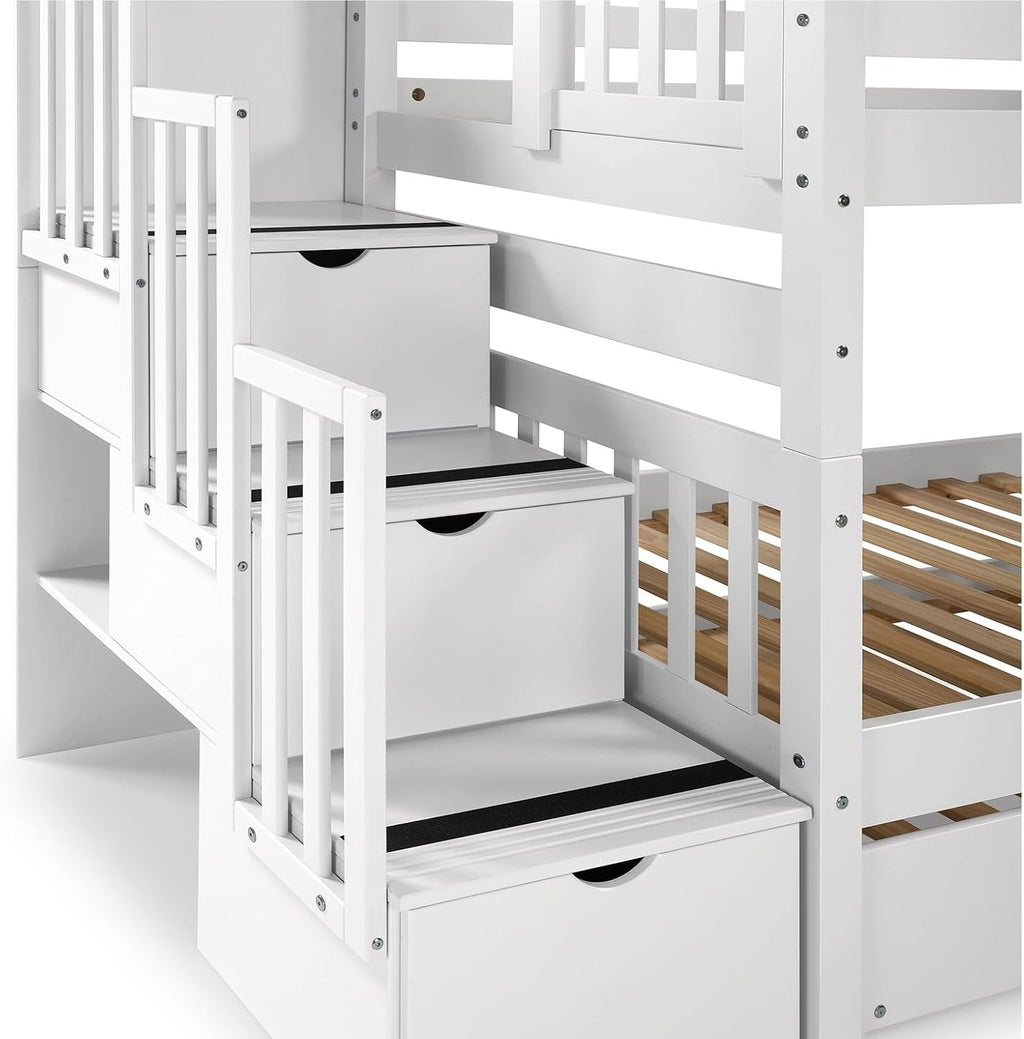 Bedz King Stairway Bunk Beds Twin Over Twin, 3 Step Drawers, White