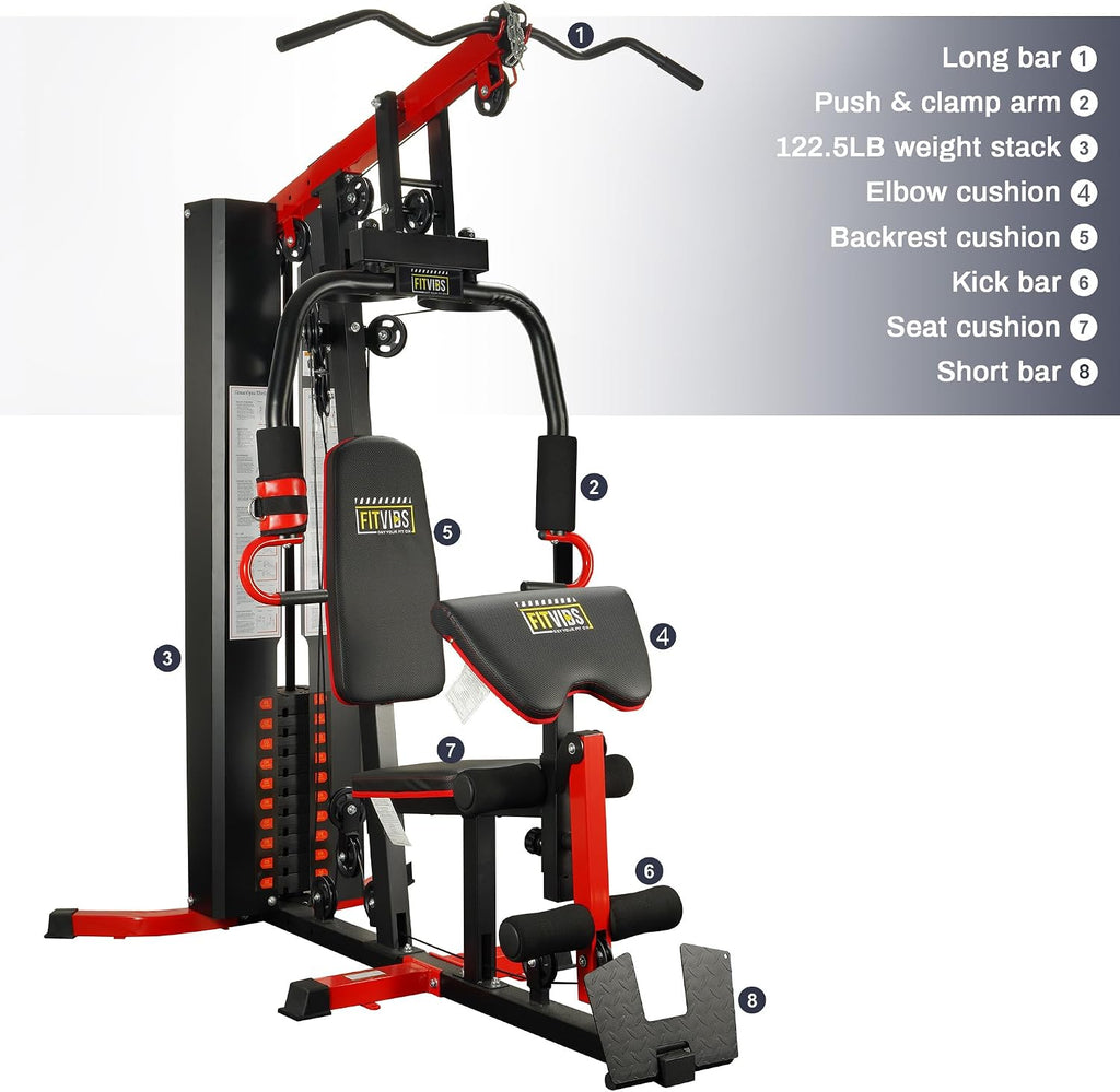 Fitvids Home Gym Equipment, Multifunctional Full Body Workout Weight Machine Station with Weight Stack, All in One Exercise Equipment with Pulley System & Seated Rowing for Home Gym Strength Training