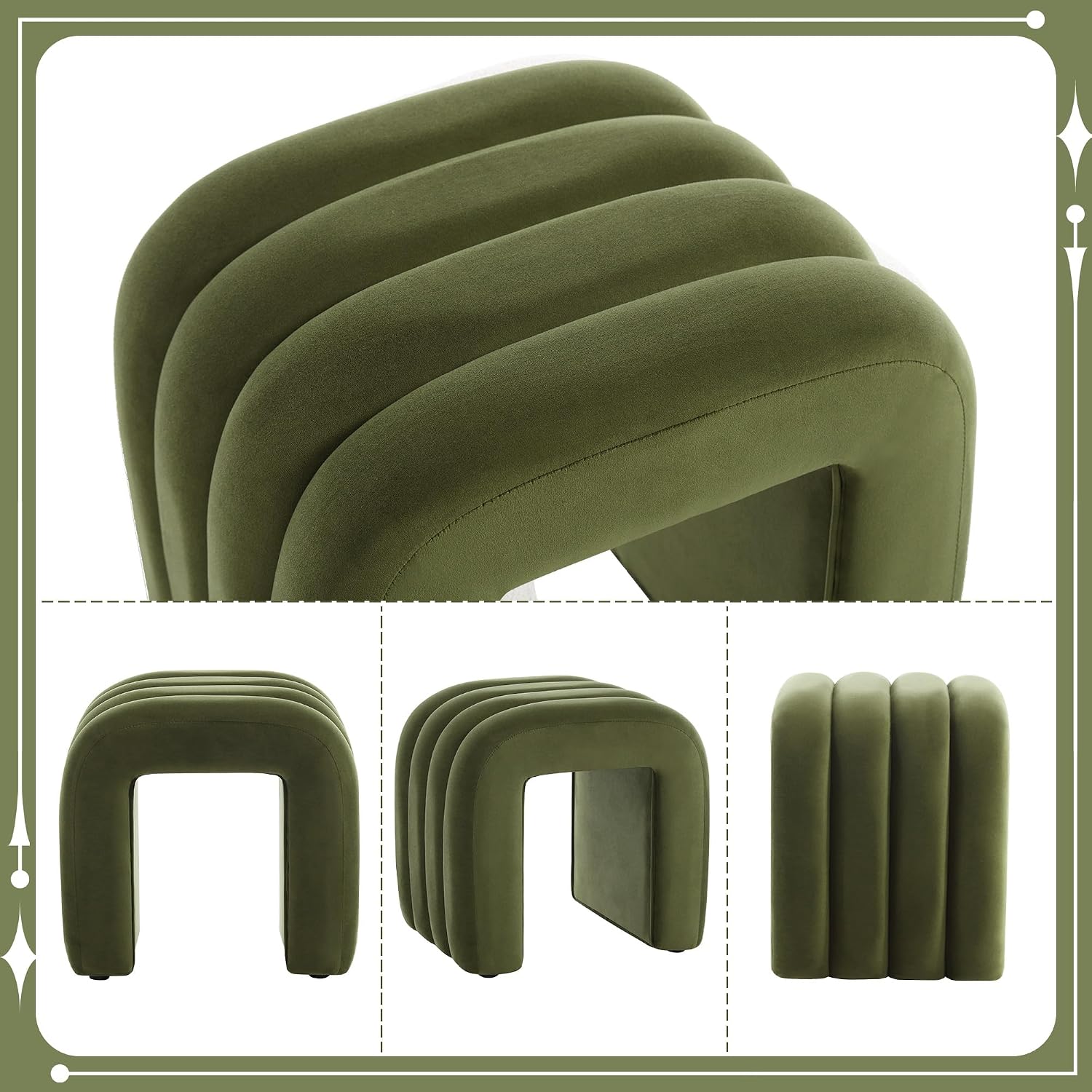 Flouki Ottoman Foot Stool with Channel Tufted, Small Ottoman Bench for Entryway, Modern Velvet Vanity Stool Chair, Upholstered Foot Rest Extra Seat for Living Room (Green, Set of 2)
