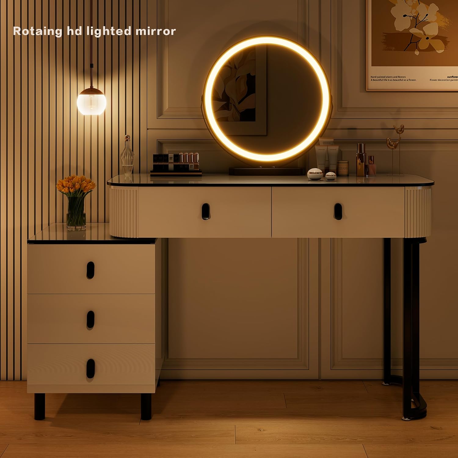 KDCAS Small Makeup Vanity Desk with Mirror and LED Lights | Modern Fluted Vanity Table with Drawers and Reversible Adjustable Side Cabinet (39.37'–51.2') | Space-Saving White Vanity Desk for Bedroom