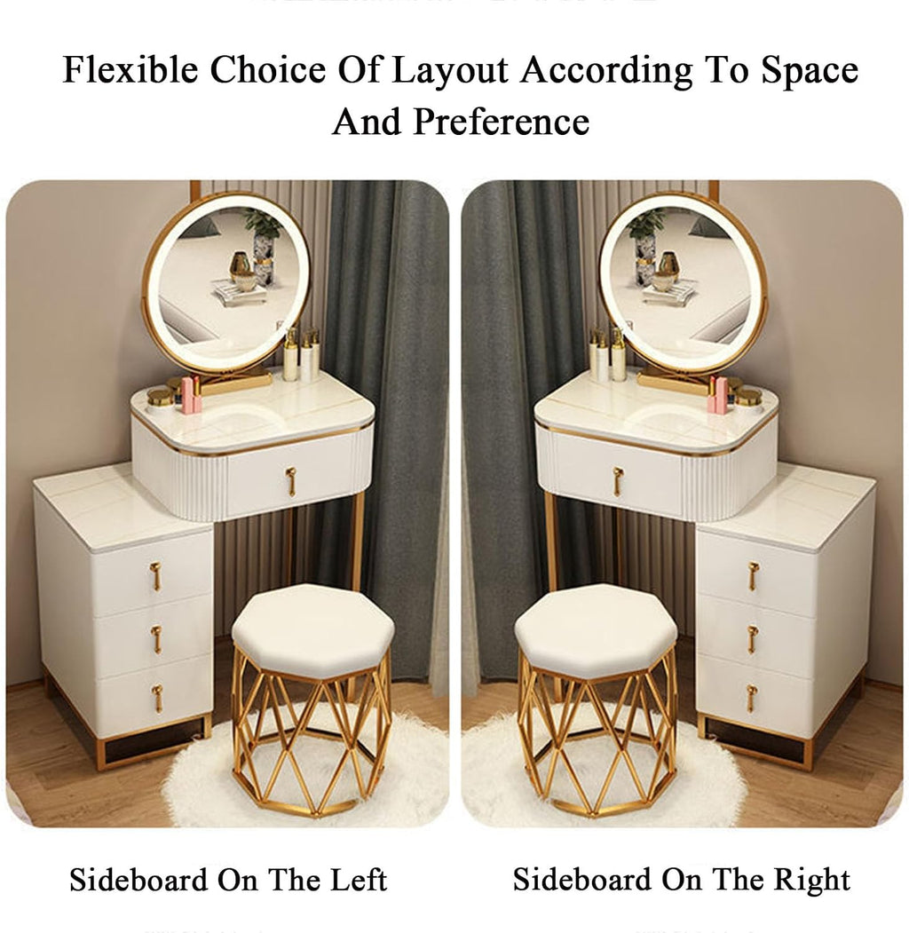Women Dresser Table Vanity Corner Makeup Table Set Makeup with 4 Drawers Vanity Dressing Table, with LED Lighted Mirror, 3 Color Lighting Modes for Any Woman,1-50cm