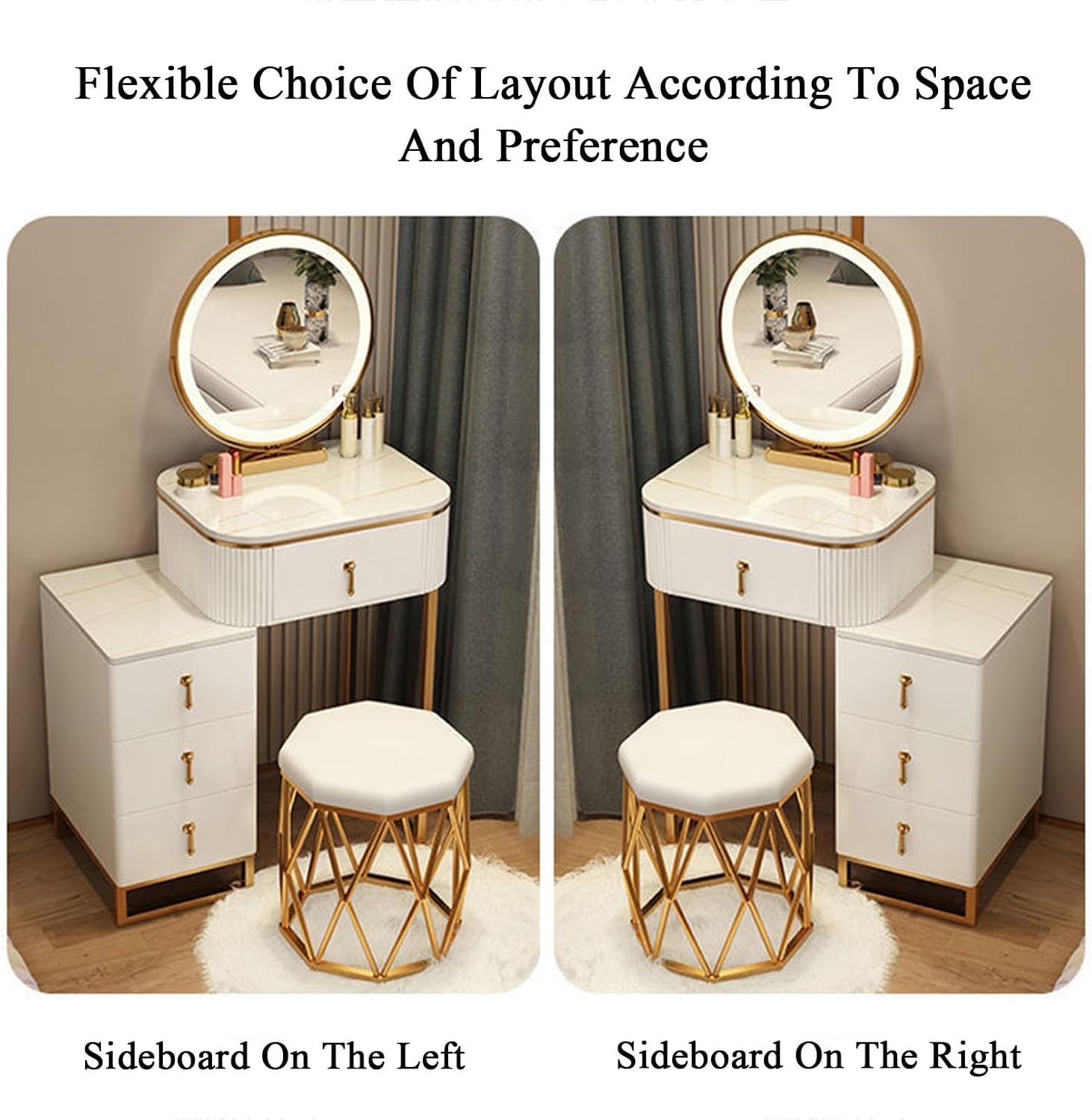 Women Dresser Table Vanity Corner Makeup Table Set Makeup with 4 Drawers Vanity Dressing Table, with LED Lighted Mirror, 3 Color Lighting Modes for Any Woman,1-50cm