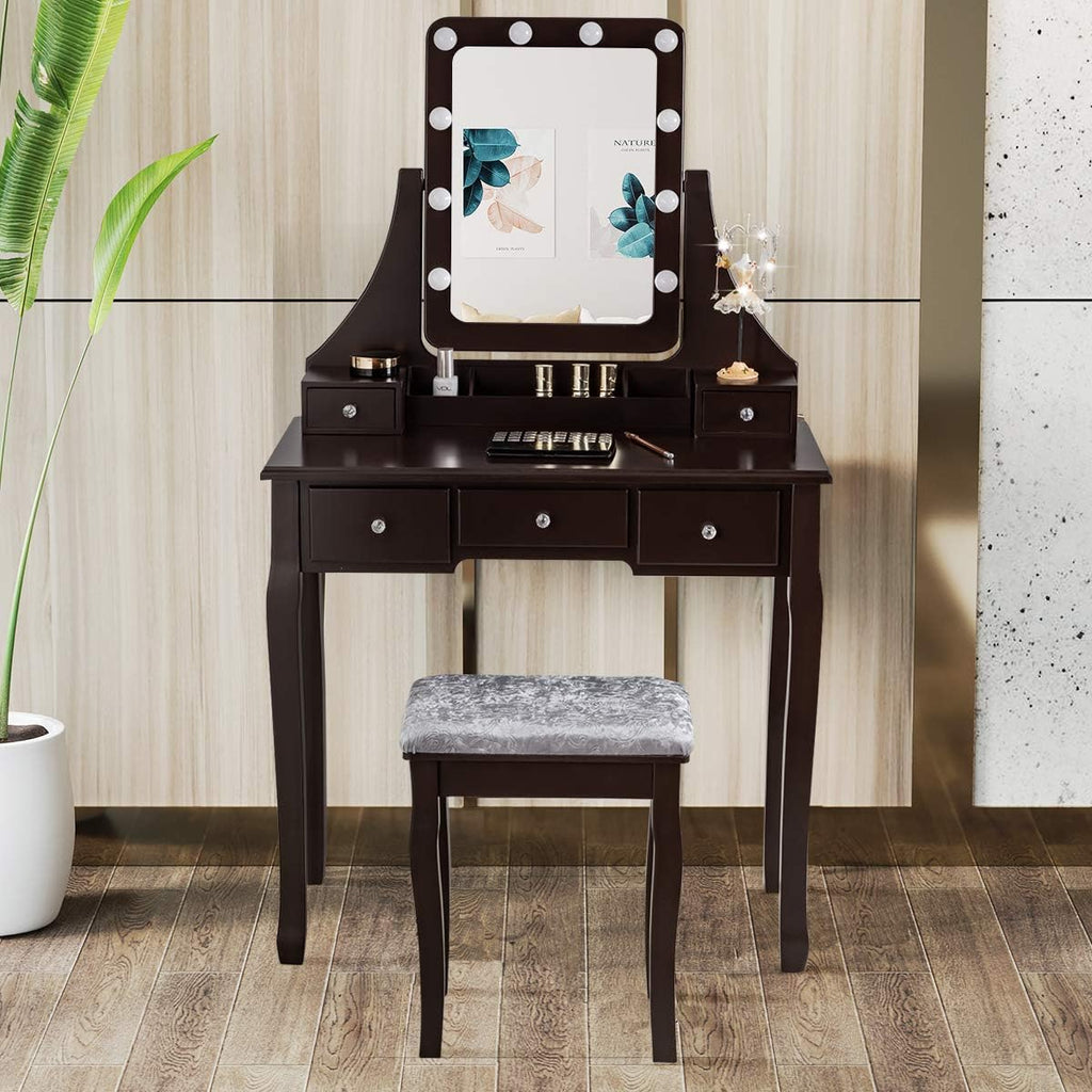 DORTALA Vanity Table Set w/ 360-Degree Rectangular Mirror & Cushioned Stool, Makeup Table w/ 10 LED Dimmable Bulbs, Bedroom Wood Dressing Table w/ 5 Drawers & Removable Box Organizer, Brown