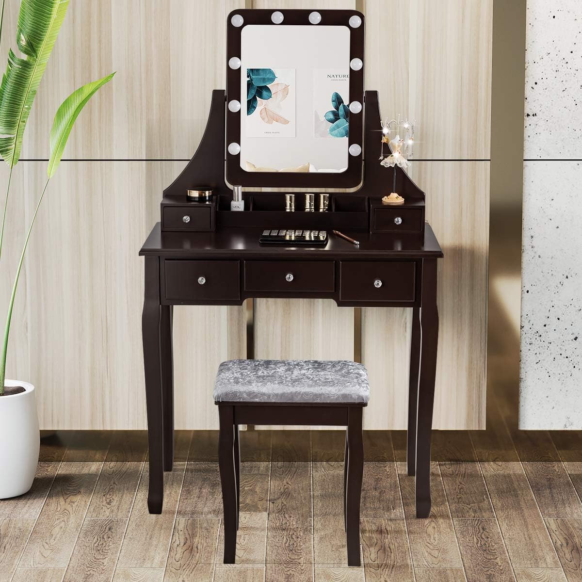 DORTALA Vanity Table Set w/ 360-Degree Rectangular Mirror & Cushioned Stool, Makeup Table w/ 10 LED Dimmable Bulbs, Bedroom Wood Dressing Table w/ 5 Drawers & Removable Box Organizer, Brown