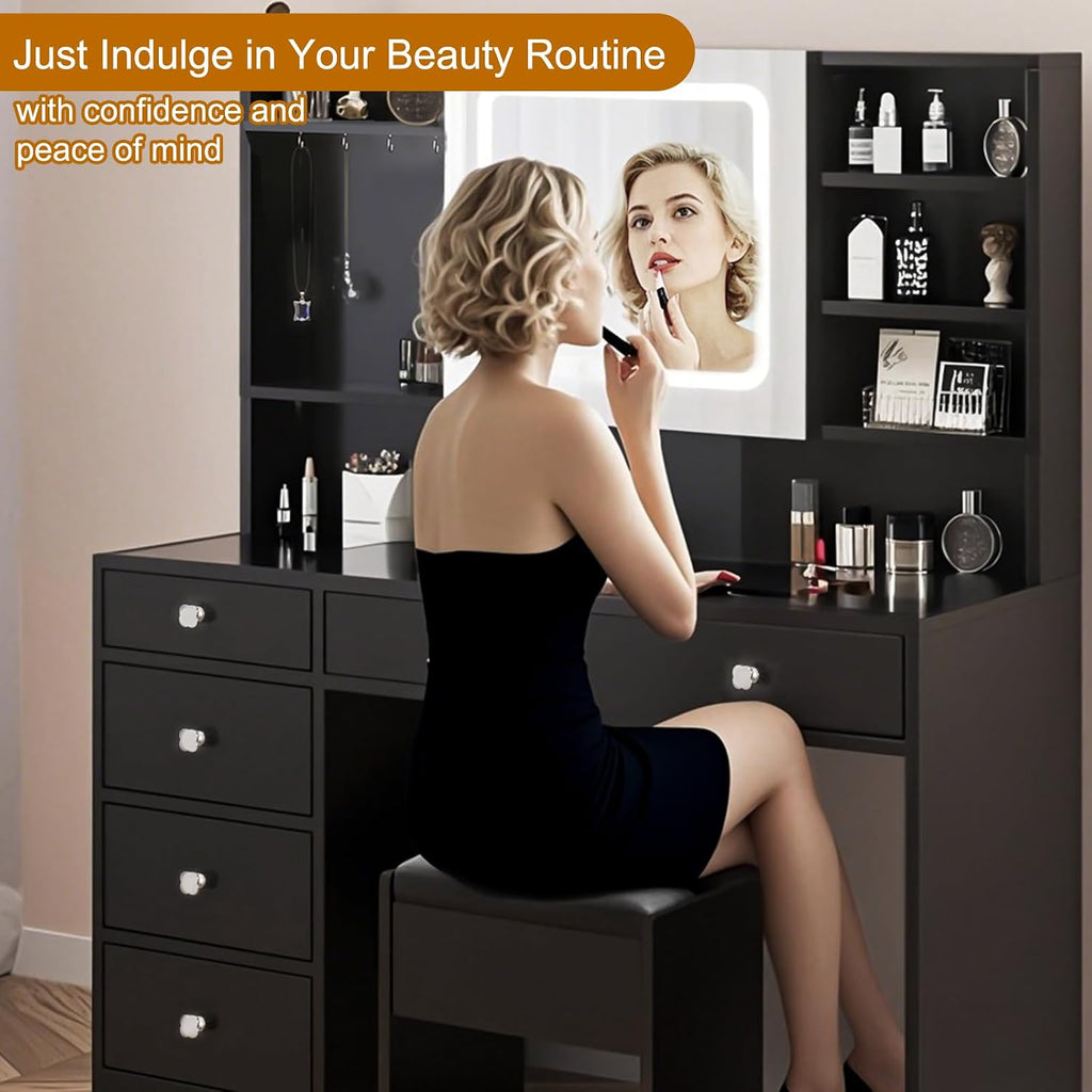 Karl home Makeup Vanity with Lighted Mirror Bedroom Vanity Desk with Charging Station Large Vanity Set with Transparent Desk, Drawers, Cabinet, Shelves for Storage in Bedroom, Black
