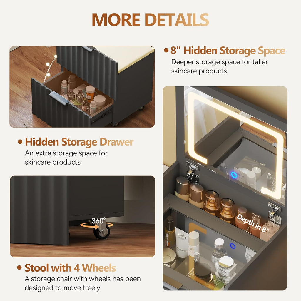 3-in-1 Small Vanity Desk with Flip Top Mirror and Lights,Fluted Compact Makeup Vanity with Storage Stool and Drawers,Mini Vanity Table Set for Bedroom Furniture,Grey