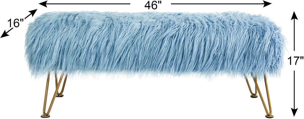 Blue Soft Plush Faux Fur Ottoman Entryway Bench Furry Footrest Stool 46'x16'x17' Sturdy Accent Long Bench for Bedroom End of Bed Vanity Closet Fuzzy Coffee Table for Living Room with Gold Legs