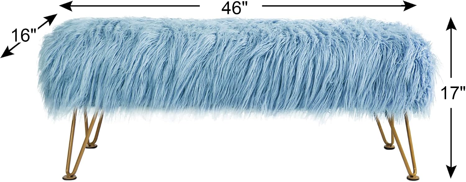 Blue Soft Plush Faux Fur Ottoman Entryway Bench Furry Footrest Stool 46'x16'x17' Sturdy Accent Long Bench for Bedroom End of Bed Vanity Closet Fuzzy Coffee Table for Living Room with Gold Legs