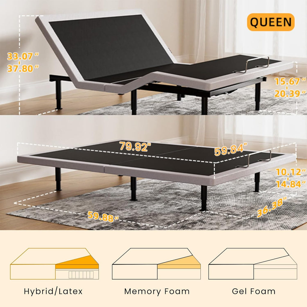 Adjustable Bed Frame Queen with Massage, Wireless Remote, Head Foot Incline, USB, Underbed Light Easy Assembly, Zero Gravity, Bed Frame Basic with Quiet Motor