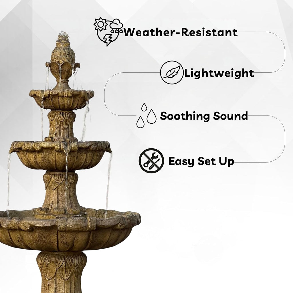 XBrand 58.3' 3-Tier Outdoor Freestanding Water Fountain - Classic Leaf Design, White Resin, Large Bird Bath with Pump - Ideal for Yard, Lawn and Garden, Porch Décor