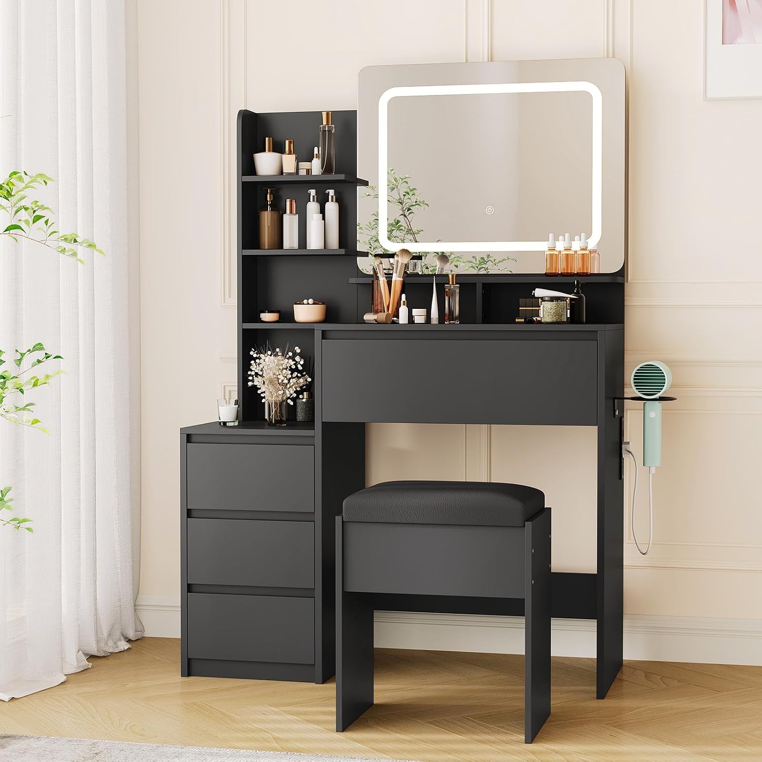 Vanity Set with Mirror and Adjustable Lights, Makeup Vanity Table with Built-in Charging Station, Vanity Desk with 4 Drawers, 4 Shelves, Vanity Bench for Bedroom-Black