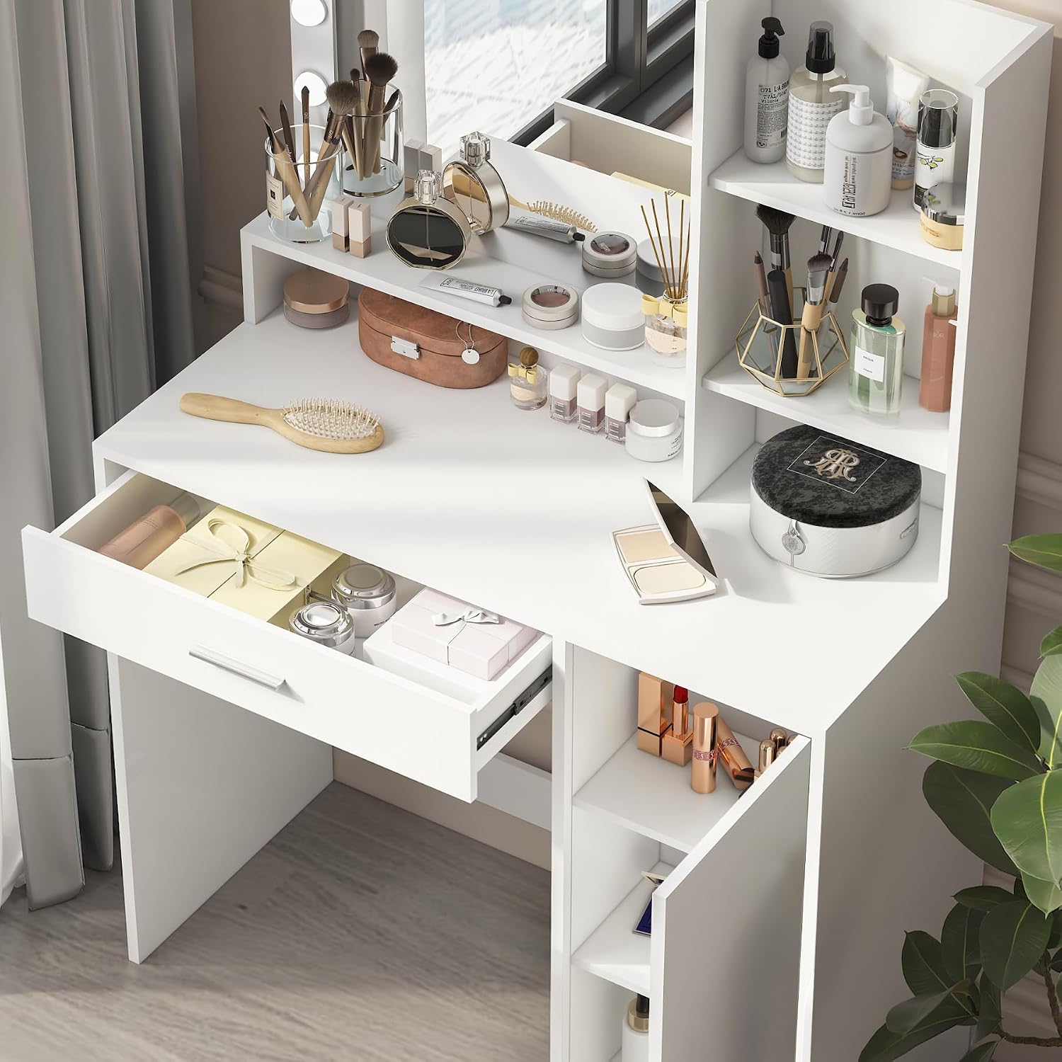 Makeup Vanity Desk with Mirror and Led Lights,Makeup Desk with Lights 3 Colors,Makeup Vanity with 5 Drawers&3 Shelves, Vanity Table with Stool and Power Outlet, Vanity Set for Bedroom,White