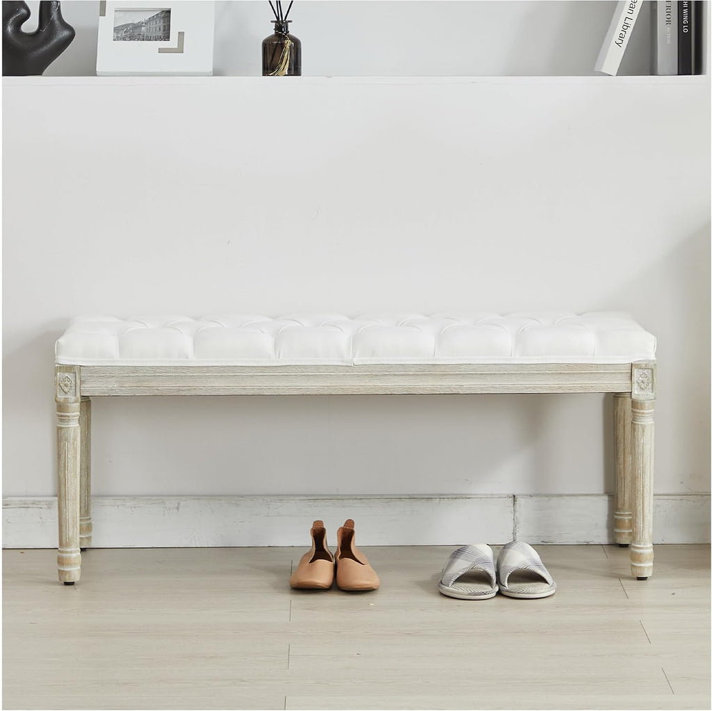 44'' Entryway Bench, Upholstered Button End of Bed Bench, Vintage Bench with Carving Pattern Wood Legs, Vanity Foot-Stool, White