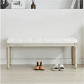 44'' Entryway Bench, Upholstered Button End of Bed Bench, Vintage Bench with Carving Pattern Wood Legs, Vanity Foot-Stool, White