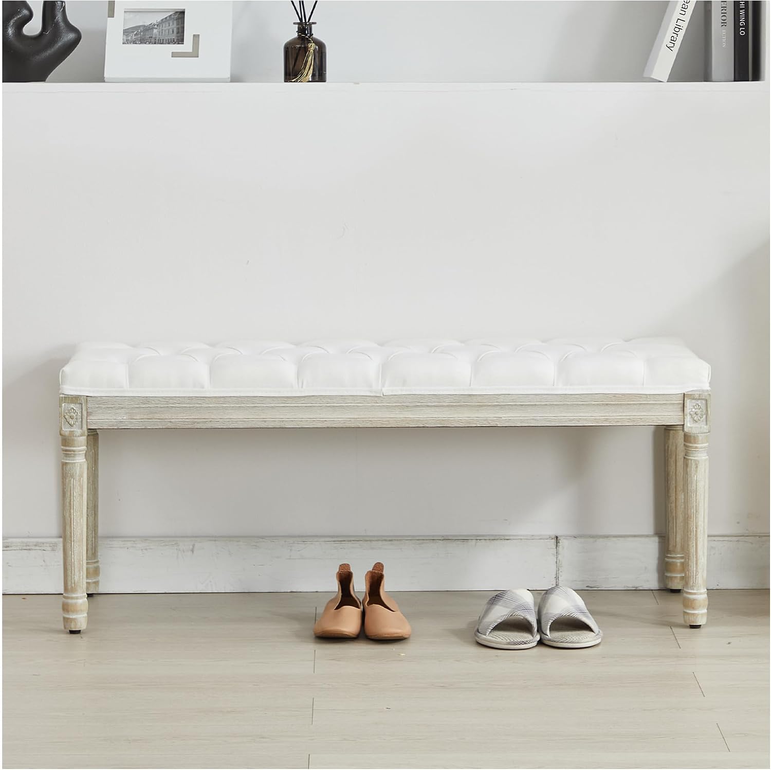 44'' Entryway Bench, Upholstered Button End of Bed Bench, Vintage Bench with Carving Pattern Wood Legs, Vanity Foot-Stool, White