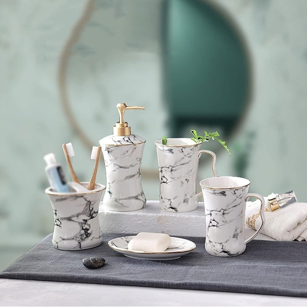 Vanity Bathroom Decor, 5 Piece Set Bathroom Accessories Set White Marble Pattern Ceramic Soap Dispenser Set Kitchen Accessories Housewarming Gift
