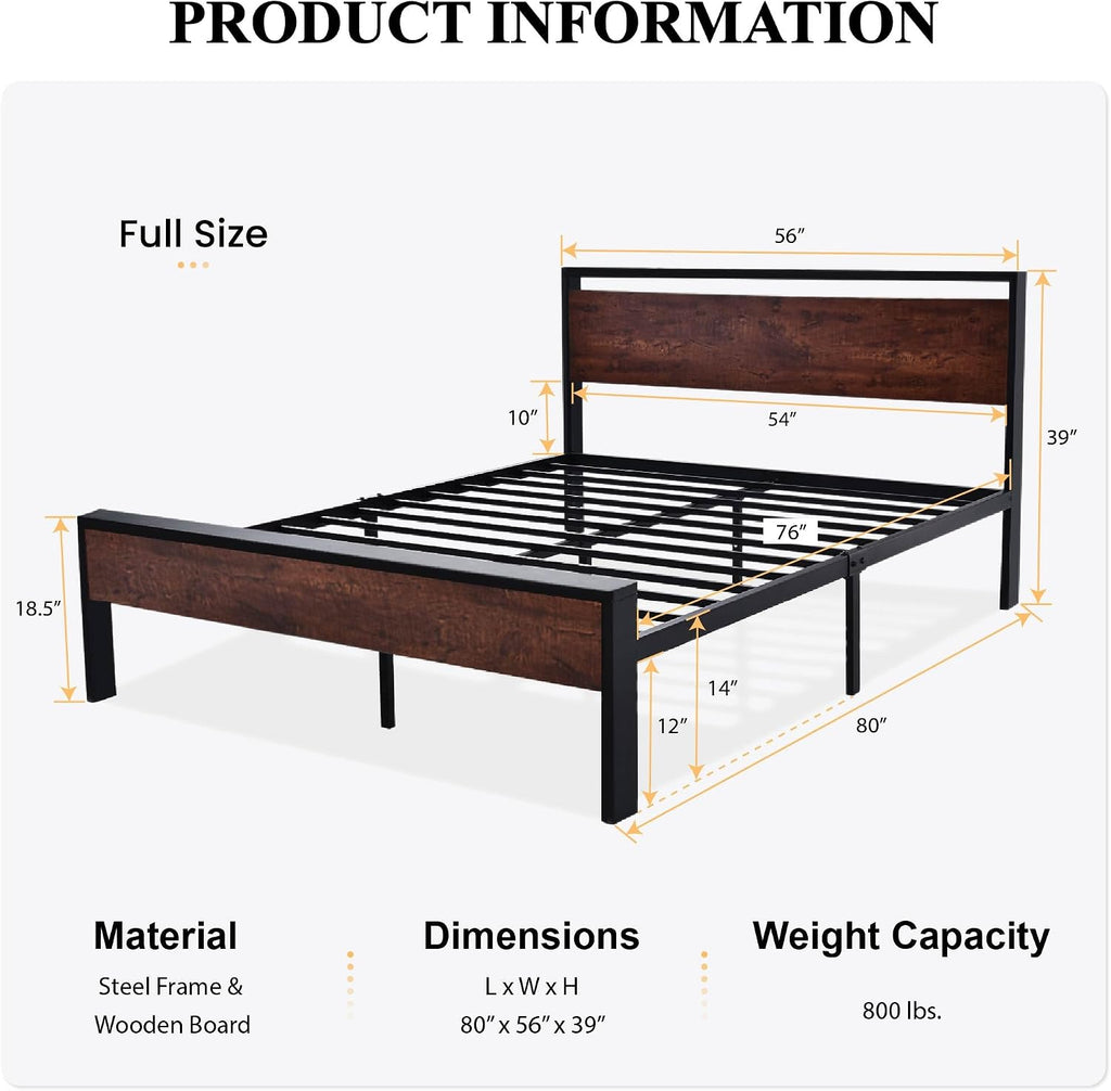 SHA CERLIN 14 Inch Full Size Metal Platform Bed Frame with Wooden Headboard and Footboard, Mattress Foundation, No Box Spring Needed, Large Under Bed Storage, Non-Slip Without Noise, Mahogany