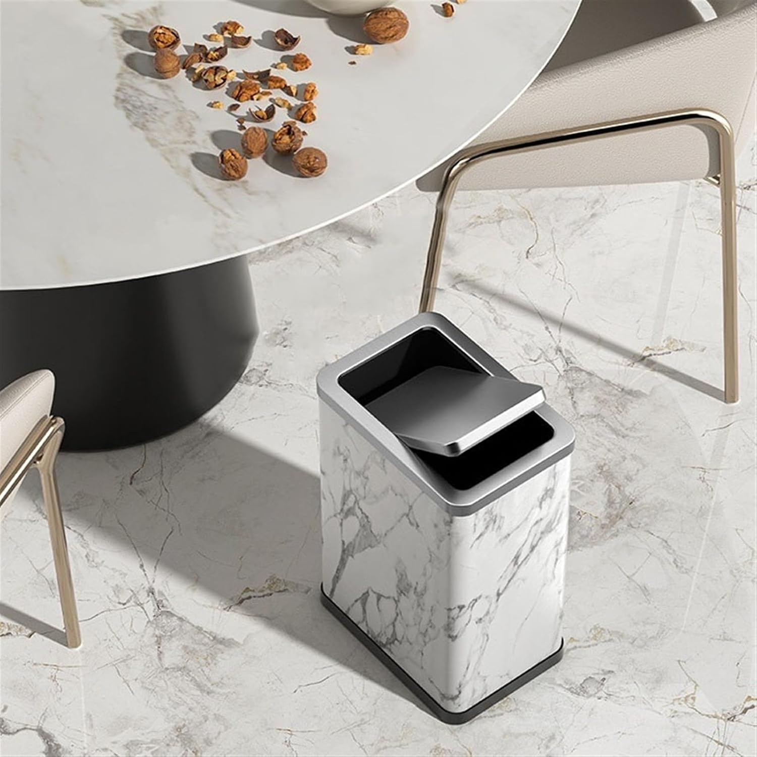 Elegant 10L Stainless Steel Trash Can with Green PU Leather Cover and 360° Swing Lid for Bathroom Bedroom and Office