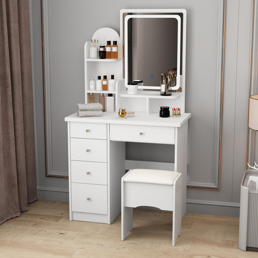 Vanity with Chair, Dressing Table with Lighted Rectangular Mirror, 5 Drawers and Shelves, Makeup Vanity Set with Storage for Bedroom, Crystal Knobs, White, 15.7' D x 31.5' W x 55.1' H