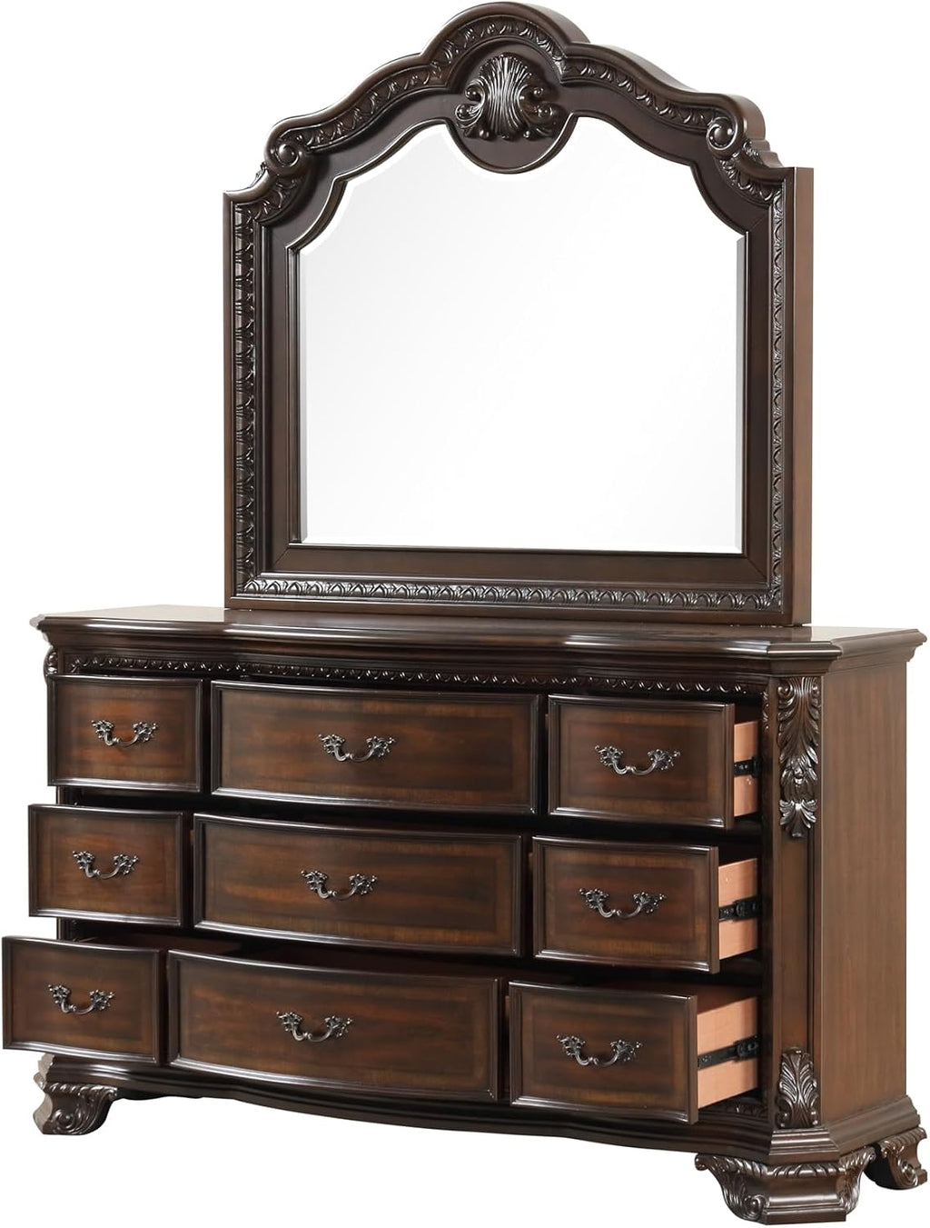 Traditional Style 5 Pc King Bedroom Set with Intricate Wood Carvings Made with Wood in Walnut