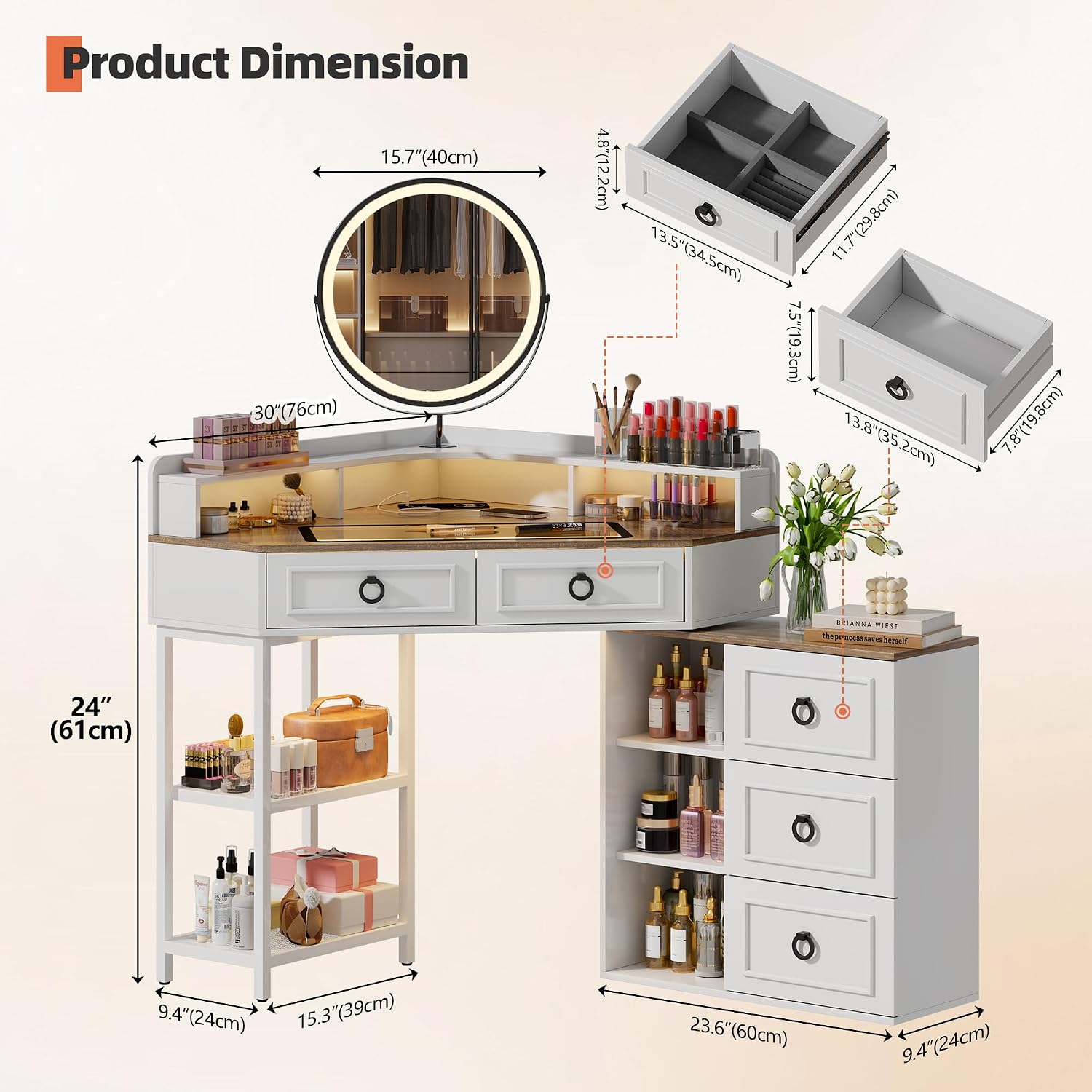 Corner Vanity Desk with Rotating Mirror and LED Lights,Makeup Table Set with Charging Station,5 Drawers & Shelves,Modern Dressing Table with Glass Top for Bedroom, Birthday Gift(White)