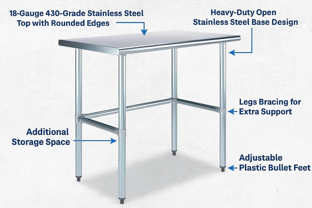 24' x 36' Open Base Stainless Steel Work Table – NSF Certified Compact Commercial Utility Table with Galvanized Legs for Kitchens, Labs & Food Trucks
