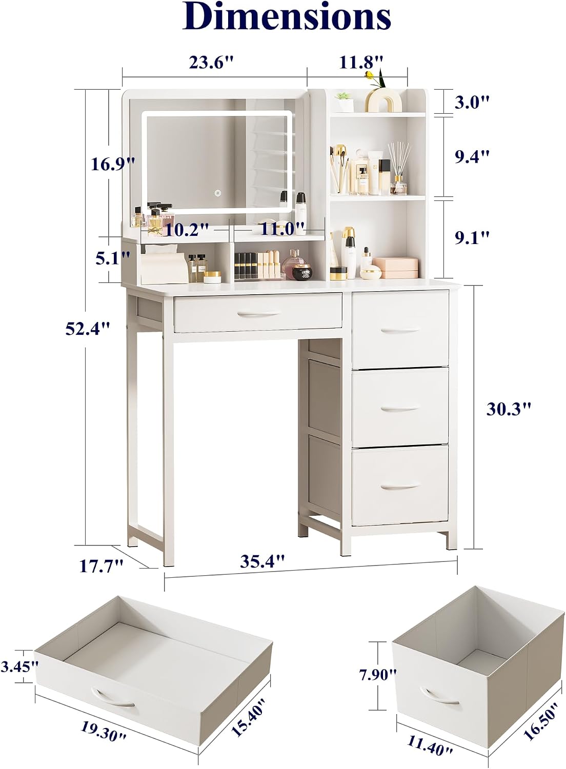 Kitsure Vanity Desk with Mirror and Lights - Large Capacity Makeup Vanity with 4 Fabric Storage Drawers & 3 Lighting Modes, Vanity Table Set with Sturdy Metal Frame for Bedroom, White, 35' x 17' x 52'