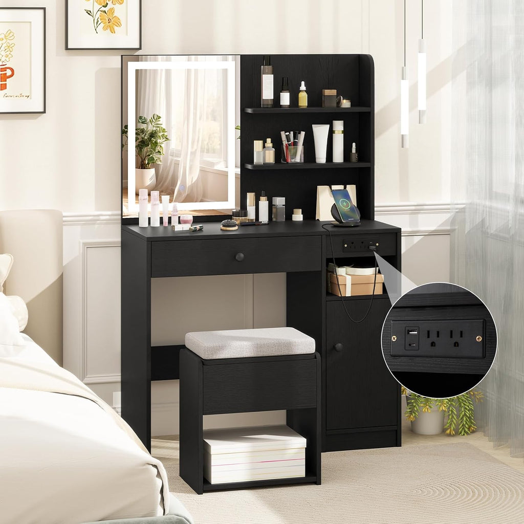 GOFLAME Makeup Vanity Set with Mirror and Lights, Vanity Desk with Charging Station, Storage Stool, 3-Color Lights, Drawer, Cabinet, Adjustable Shelf, Modern Dressing Table and Chair Set (Black)