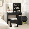 GOFLAME Makeup Vanity Set with Mirror and Lights, Vanity Desk with Charging Station, Storage Stool, 3-Color Lights, Drawer, Cabinet, Adjustable Shelf, Modern Dressing Table and Chair Set (Black)