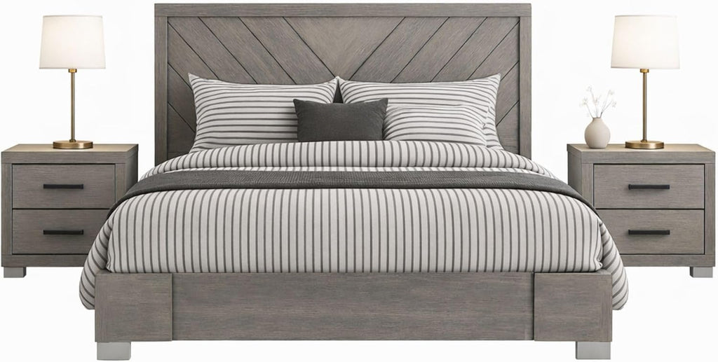 Kings Brand Furniture 3-Piece Oak Gray with Chrome Legs Bedroom Set - Wood Bed Frame with 2 Nightstands (King)