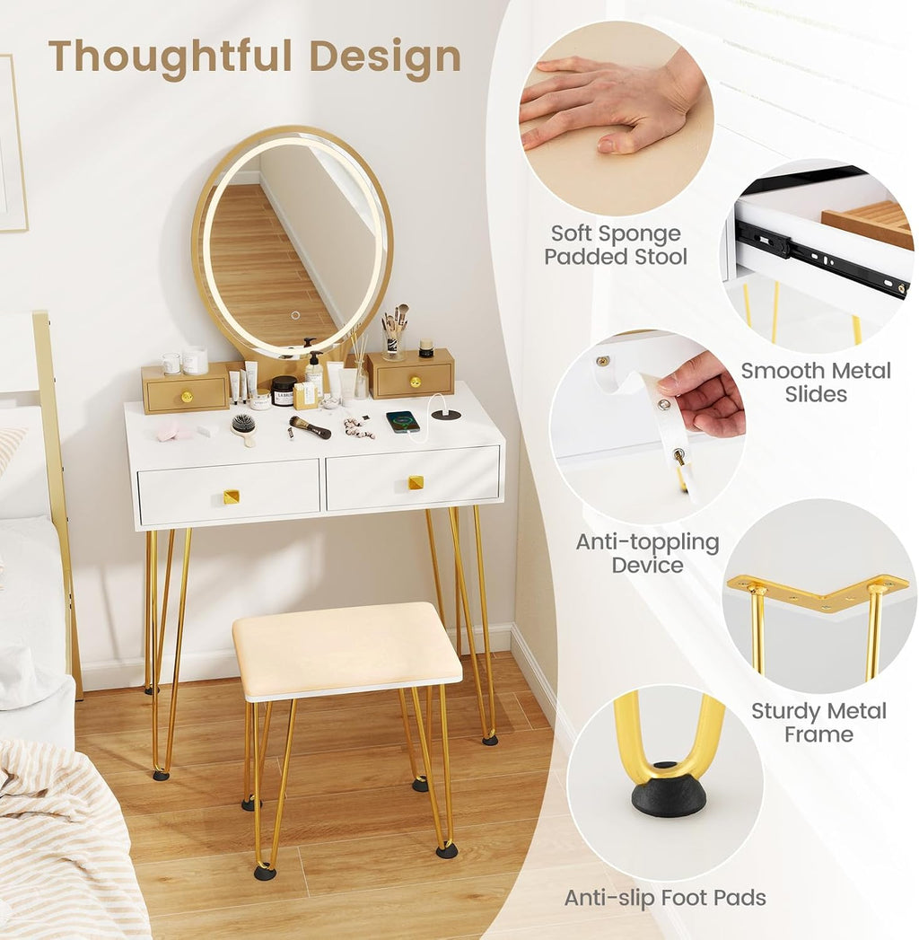 COSTWAY Vanity Desk Set with Mirror and Lights, Vanity Mirror with 3 Color Lighting Modes & Adjustable Brightness, Makeup Dressing Table with Cushioned Stool for Women Girls (White & Golden)