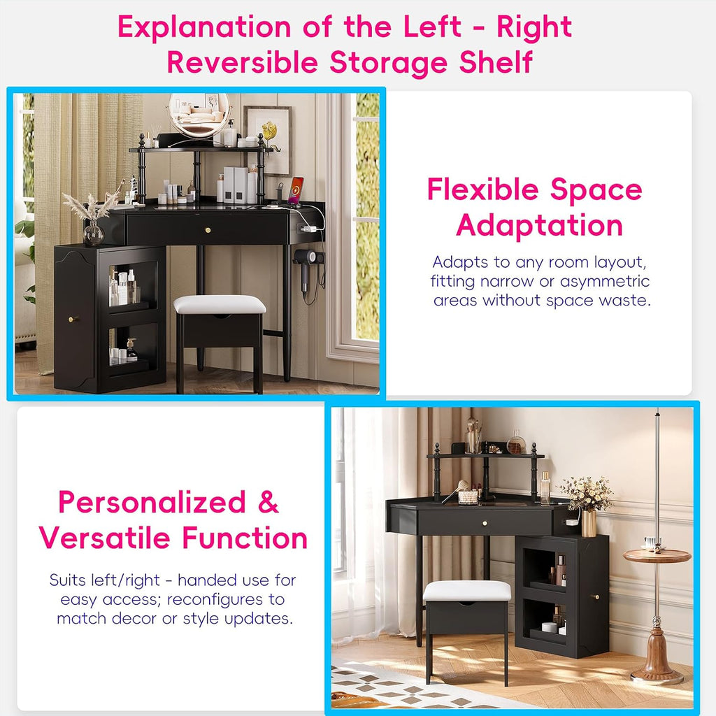 Glass Tabletop Vanity Desk with Removable Pull-Out Side Cabinet Triangle Makeup Table with Storage Chair Corner Dresser with Drawer and 2 Spacious Shelves for Bedroom, Black