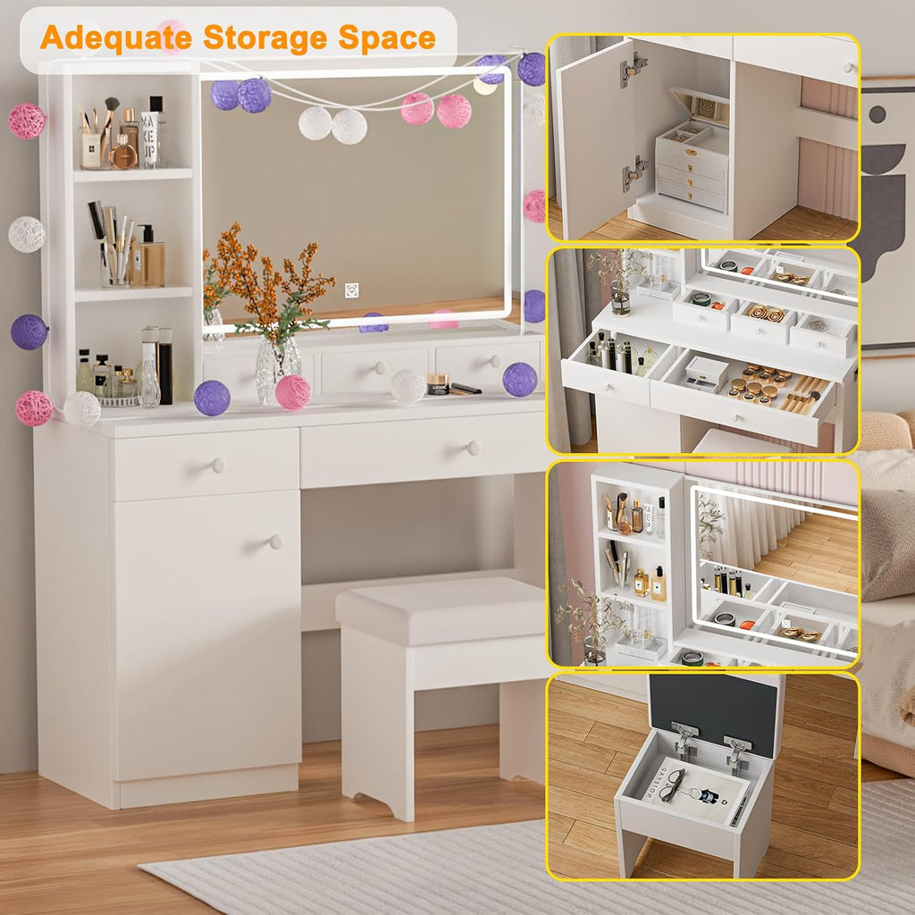 Vanity Desk with Mirror, Includes Dream Box, LED Lights, Power Outlet, 5 Drawers & 3 Shelves, Elegant Cream Design for Bedroom, Storage Stool