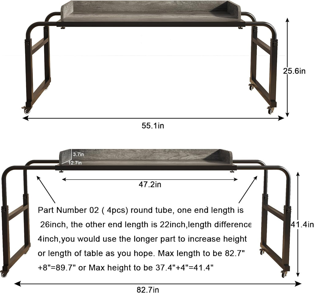 TigerDad Overbed Table with Wheels Overbed Desk Over Bed Desk King Queen Bed Table Overbed Laptop Table Over Bed Table with Wheels((Gray)