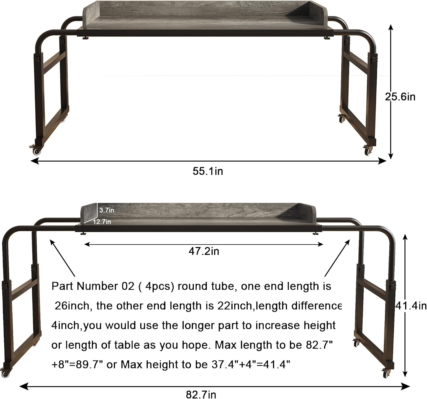 TigerDad Overbed Table with Wheels Overbed Desk Over Bed Desk King Queen Bed Table Overbed Laptop Table Over Bed Table with Wheels((Gray)